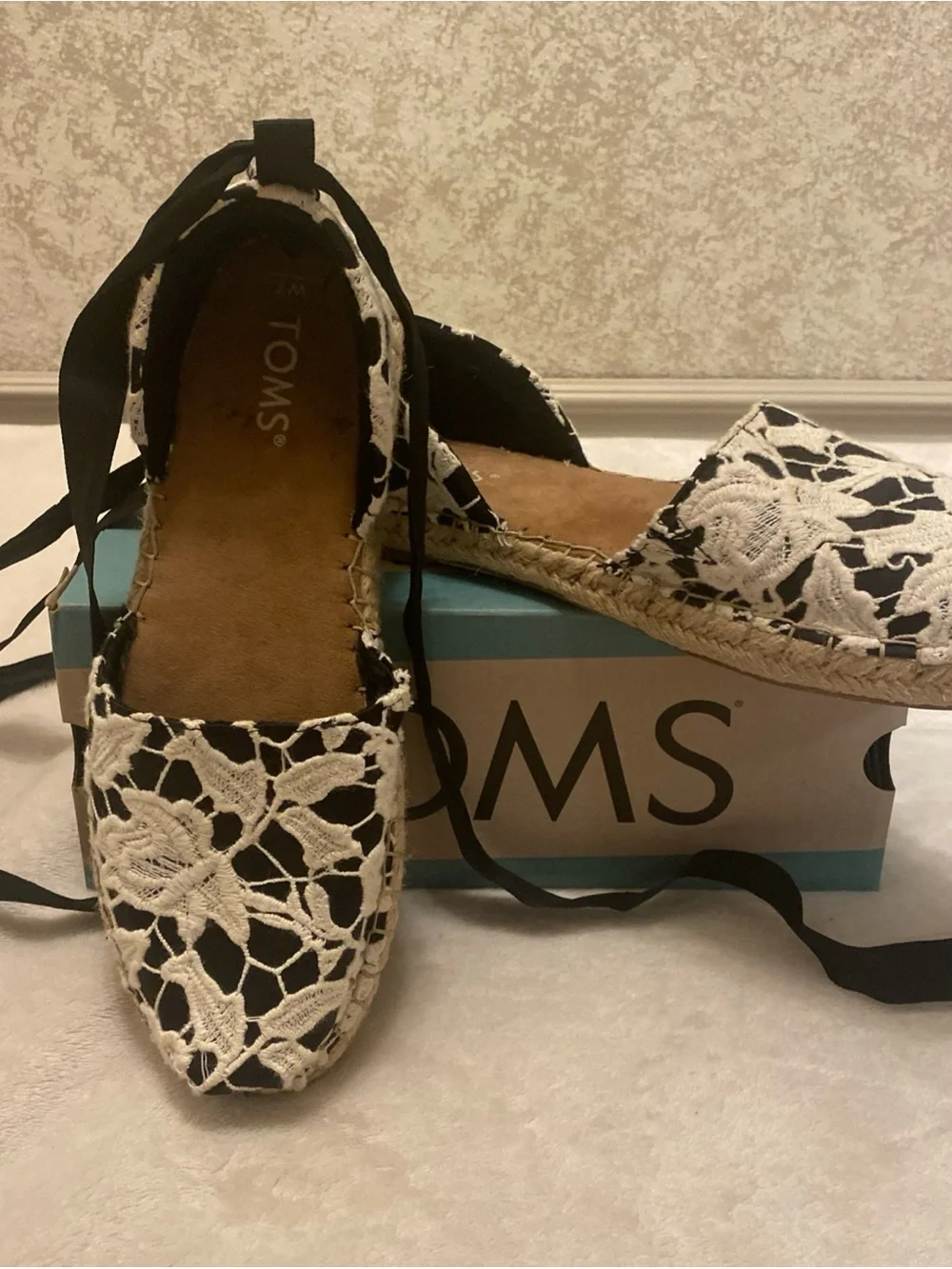 Toms Katalina Black and Ivory Crochet Floral Lace Ankle Tie Espadrilles